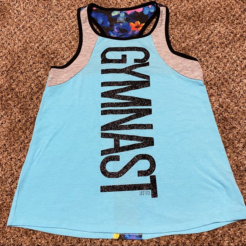 Justice Active baby blue Tank with Floral Stripe Gymnast Retro 1992